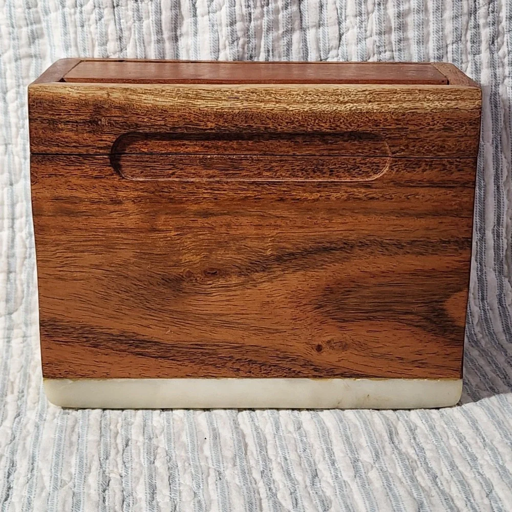 Natural Wood and Marble Storage Box Mixed Material Decorative Organizer India